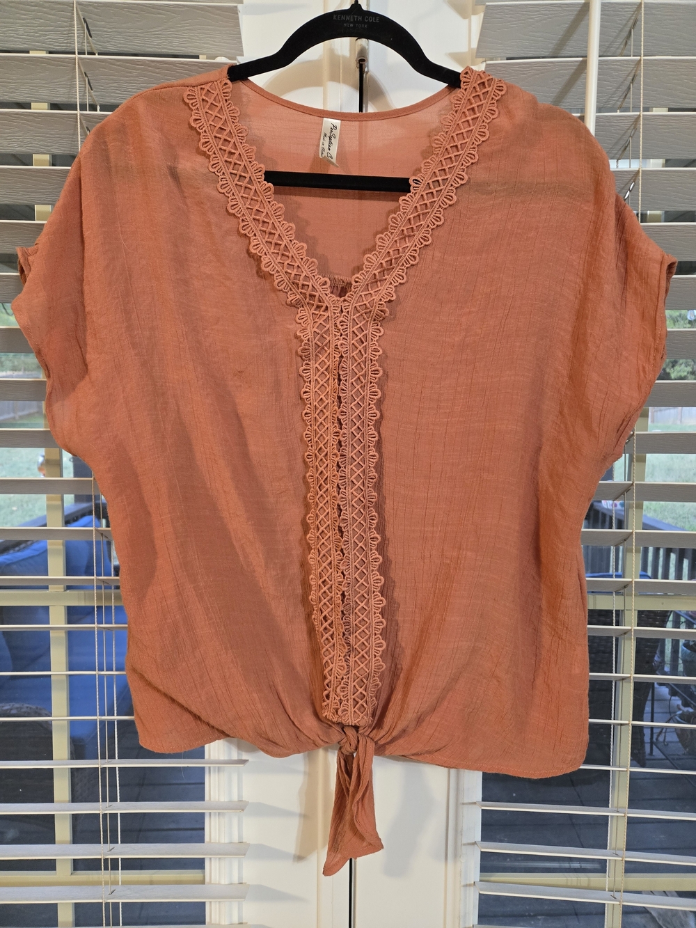 PerSeption Concept Pumpkin Tie-Front Crochet V-Neck Blouse Sz XL